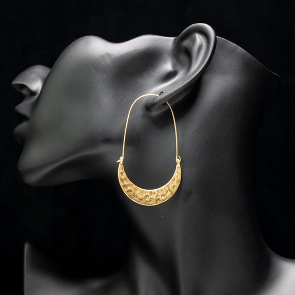 Crescent Moon Hammered Drop Hoop Earrings in Gold - Picture 2 of 3